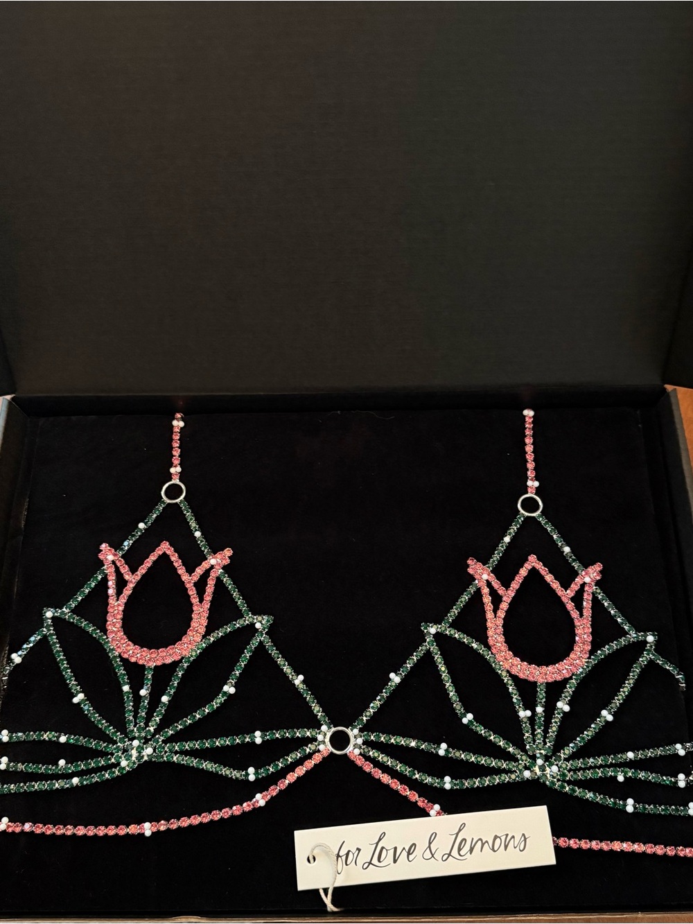 NWT For Love And Lemons Pink & Green Tulip Rhinestone Bralette M/L